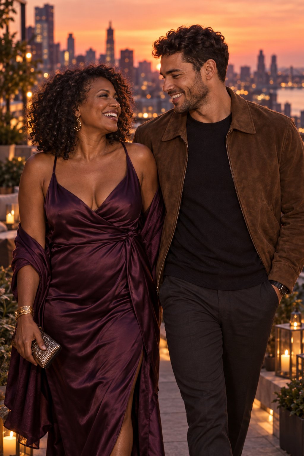 An adult couple laughing together on a rooftop terrace at sunset